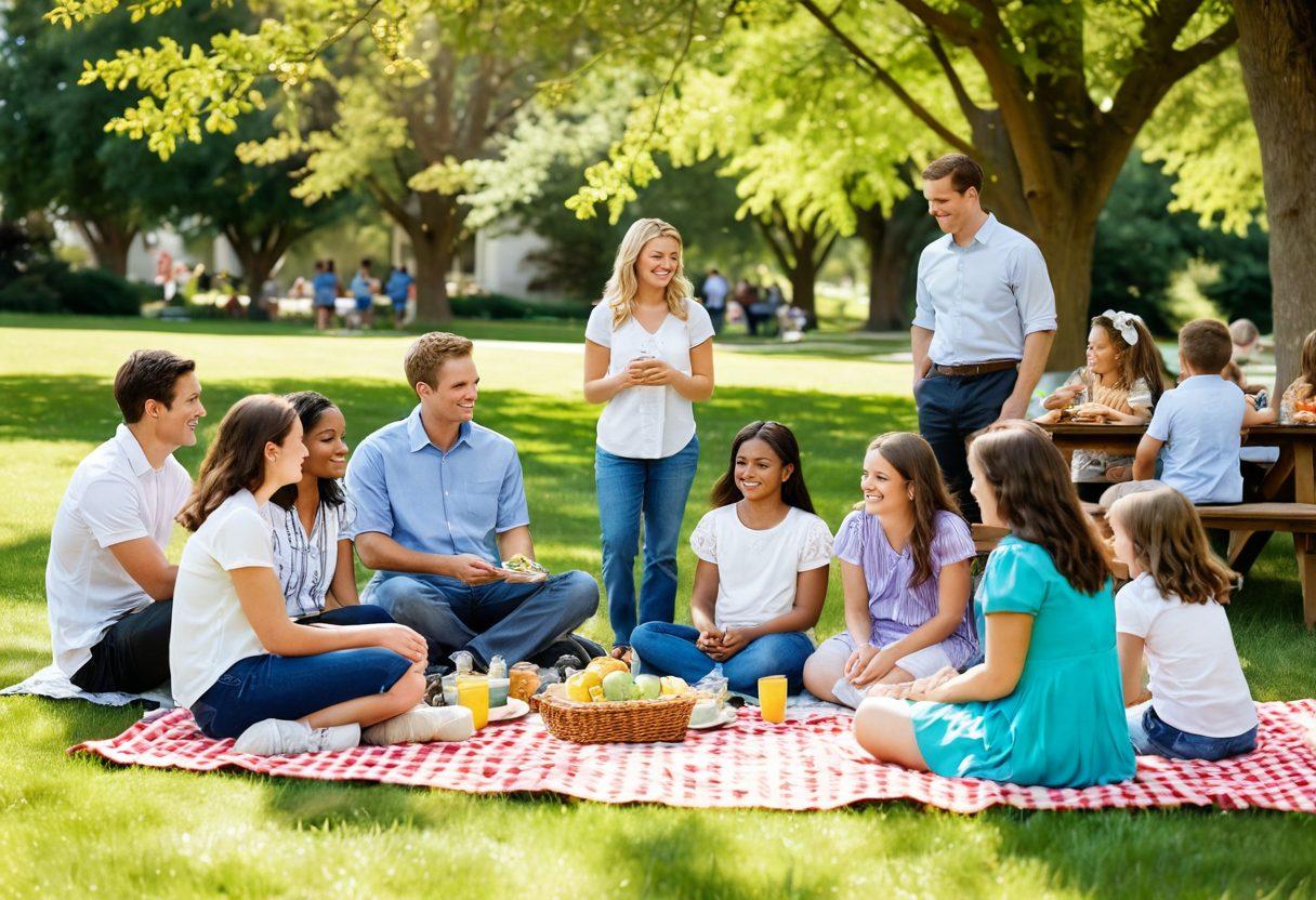 A warm and inviting scene featuring a diverse group of Latter-day Saints families enjoying a picnic in a sunlit park, with children playing and adults engaged in joyful conversations. Include symbols of community, like banners or community tables filled with home-cooked dishes, surrounded by nature, showcasing greenery and flowers. The atmosphere should radiate happiness, connection, and love, illustrating the importance of familial bonds and community. vibrant colors. super-realistic.