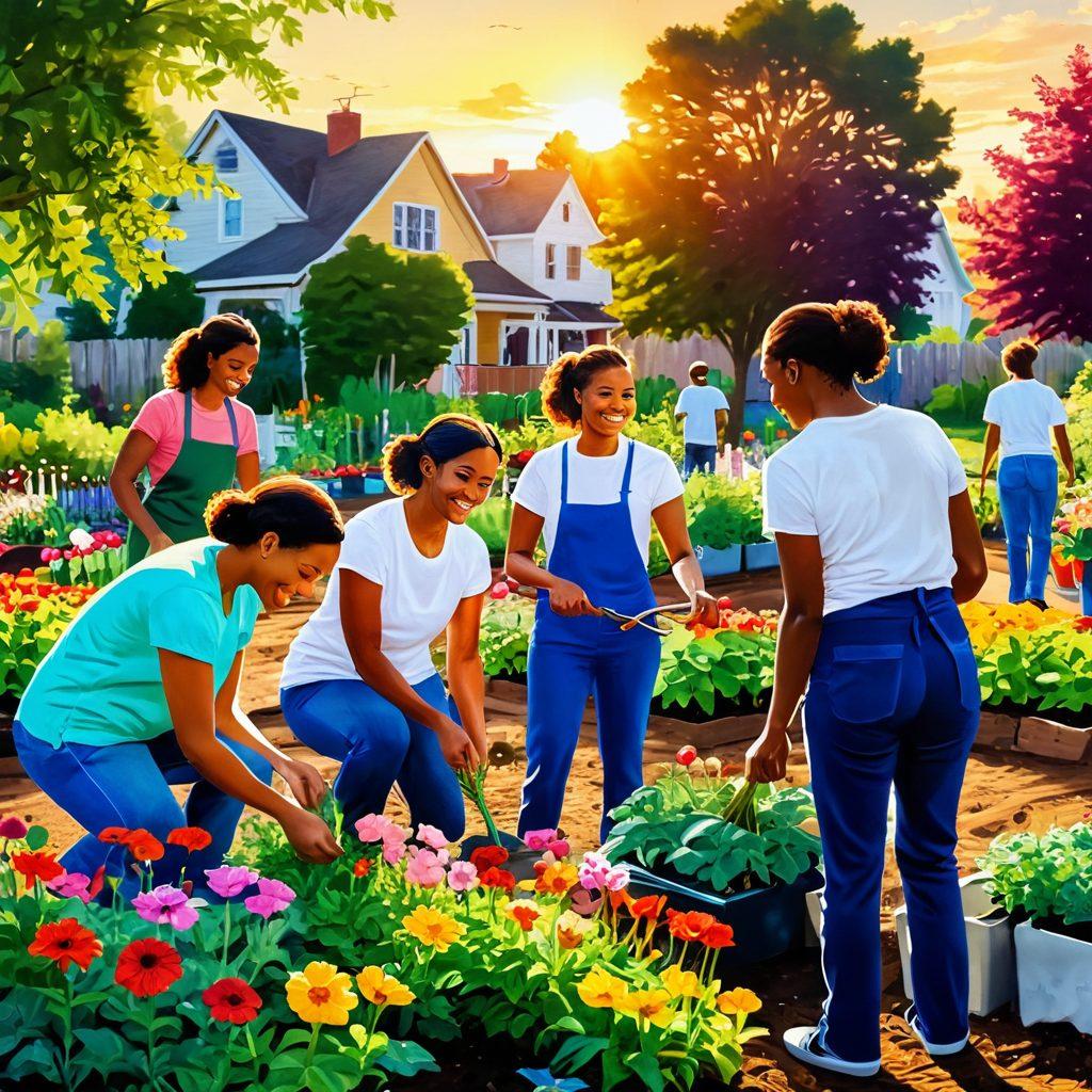 A diverse group of people engaging in a vibrant community garden, tending to plants and sharing smiles, with colorful flowers and vegetables around them. In the background, a warm sun setting over a peaceful neighborhood, symbolizing unity and wellness. The scene exudes a sense of connection and empowerment. painting. warm colors. natural setting.