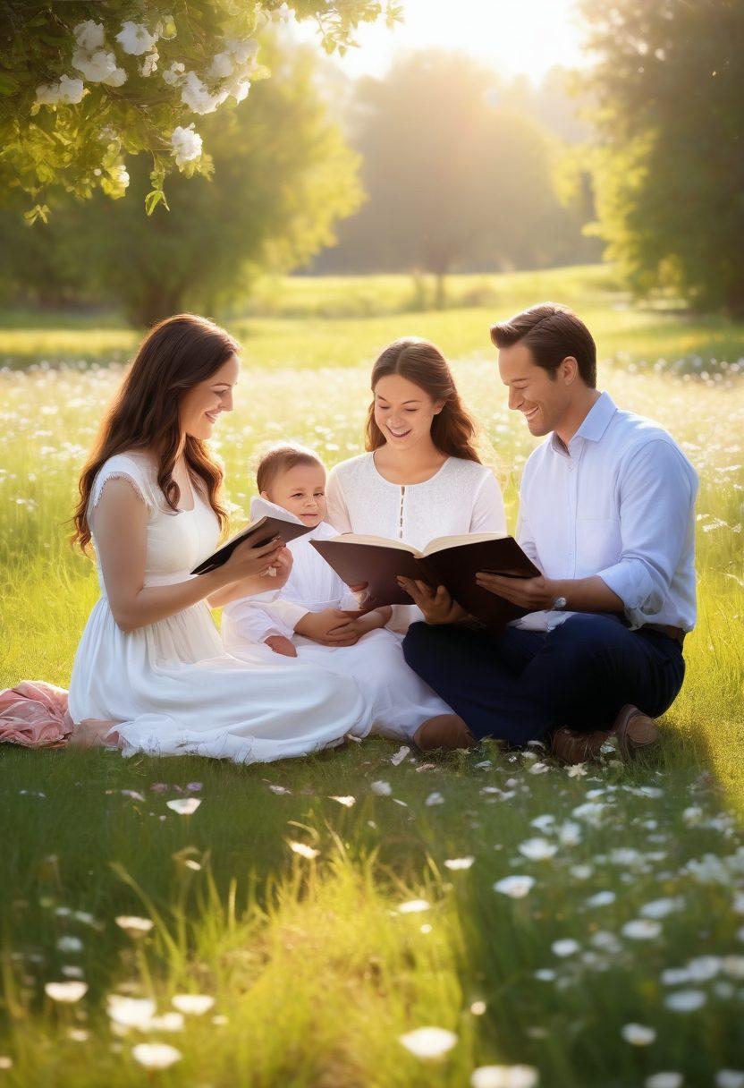 A serene family gathering in a sunlit meadow, with diverse family members sharing joyful moments, reading scriptures together, surrounded by blooming flowers and soft, glowing light symbolizing spirituality. Include subtle hints of the LDS faith with uplifting symbols like doves and rainbows. The atmosphere radiates warmth, love, and a sense of community. super-realistic. vibrant colors. peaceful ambiance.